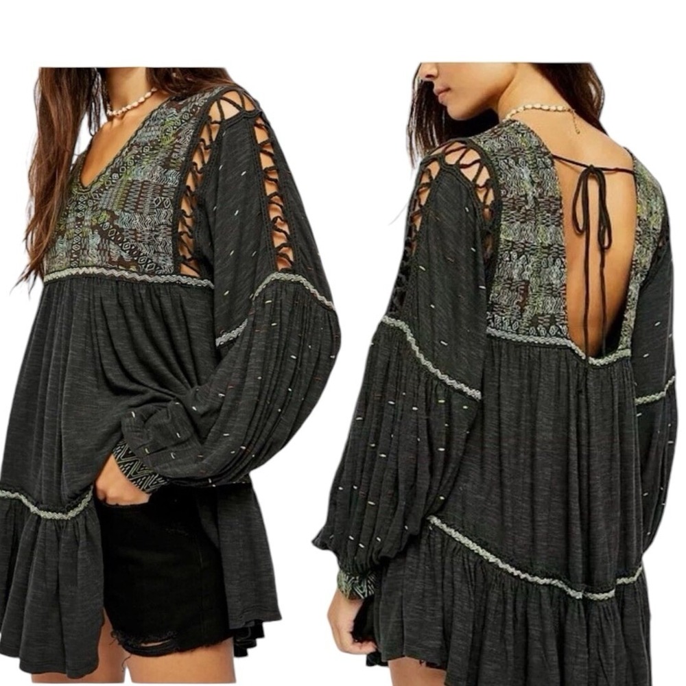 $148 Free People Much Love Tunic / Mini Dress Embroidered Cutout Back Black Sz S - Picture 4 of 12
